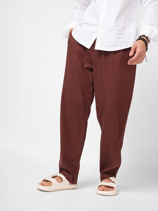 Brown Diagonal Twill Textured Tapered Trousers
