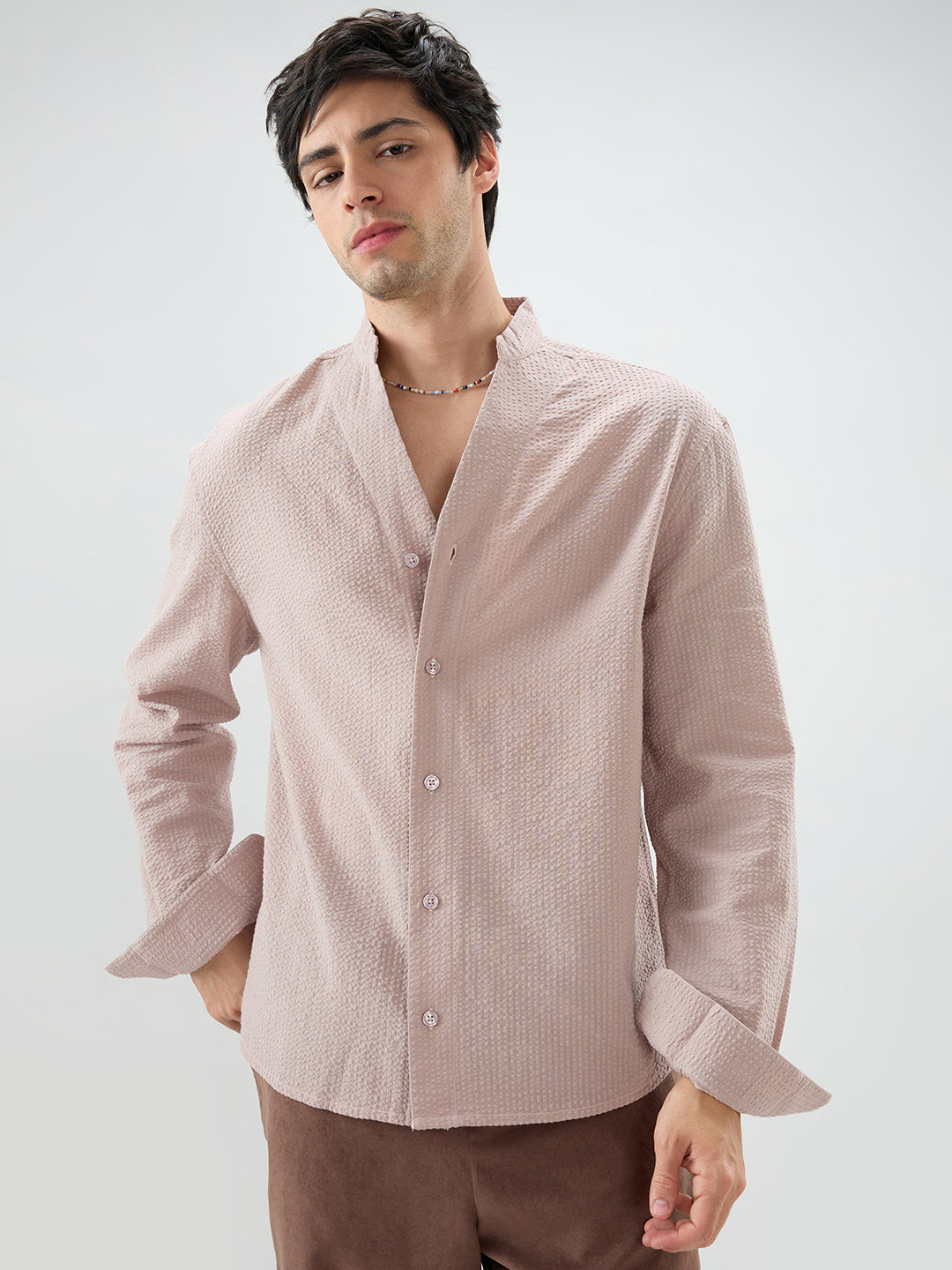 Taupe Beige Seersucker Striped Stand Collar Oversized Shirt