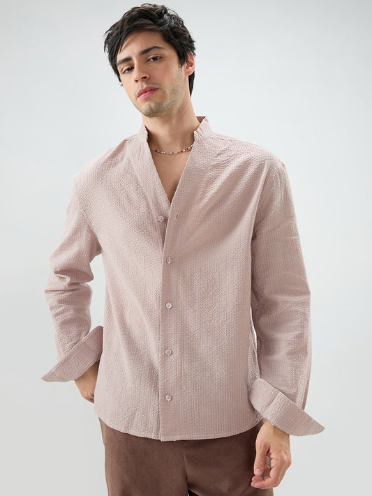 Taupe Beige Seersucker Striped Stand Collar Oversized Shirt