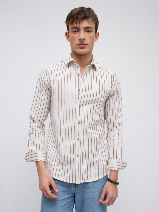 Ivory & Coffee Brown Saddle Weave Contrast Stripe Shirt