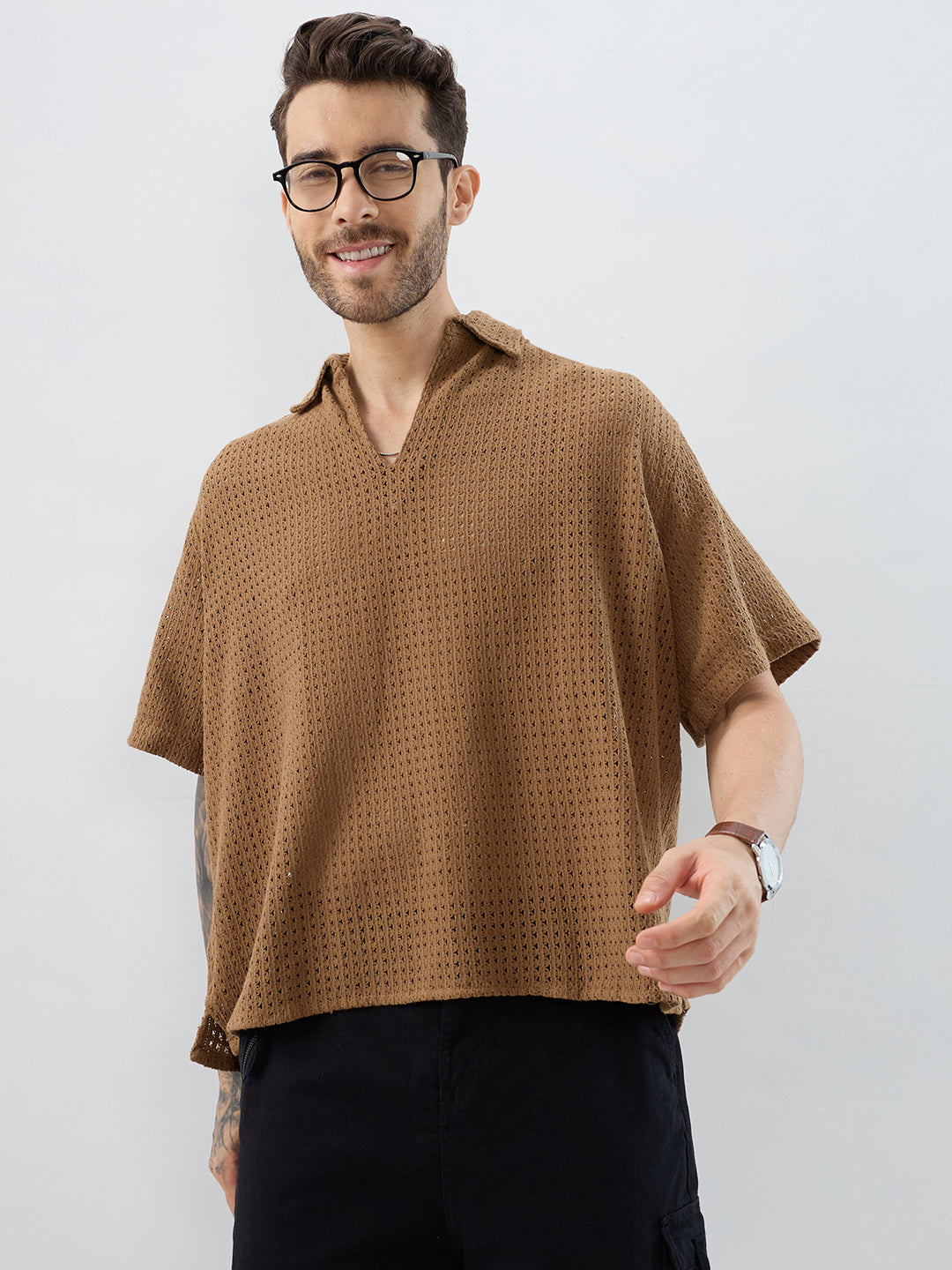 Tawny Brown Crochet Oversized Polo Shirt