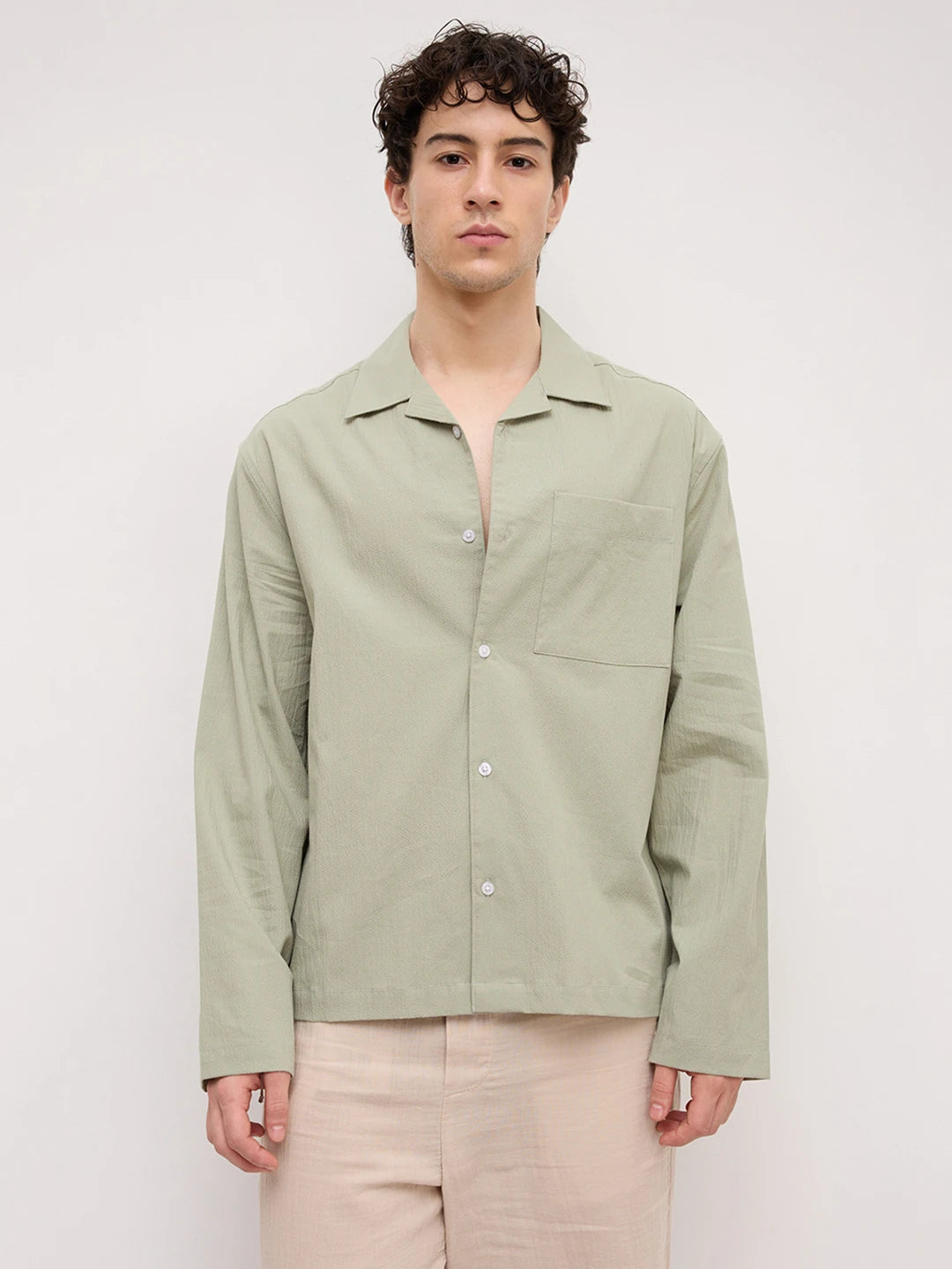 Pistachio Green Fine Textured Notch Collar Oversized Shirt