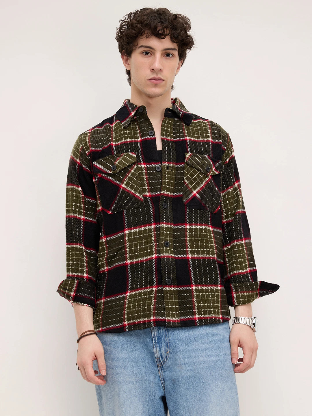 Premium Red & Olive Checks Double Pocket Boxy Fit Crop Shirt