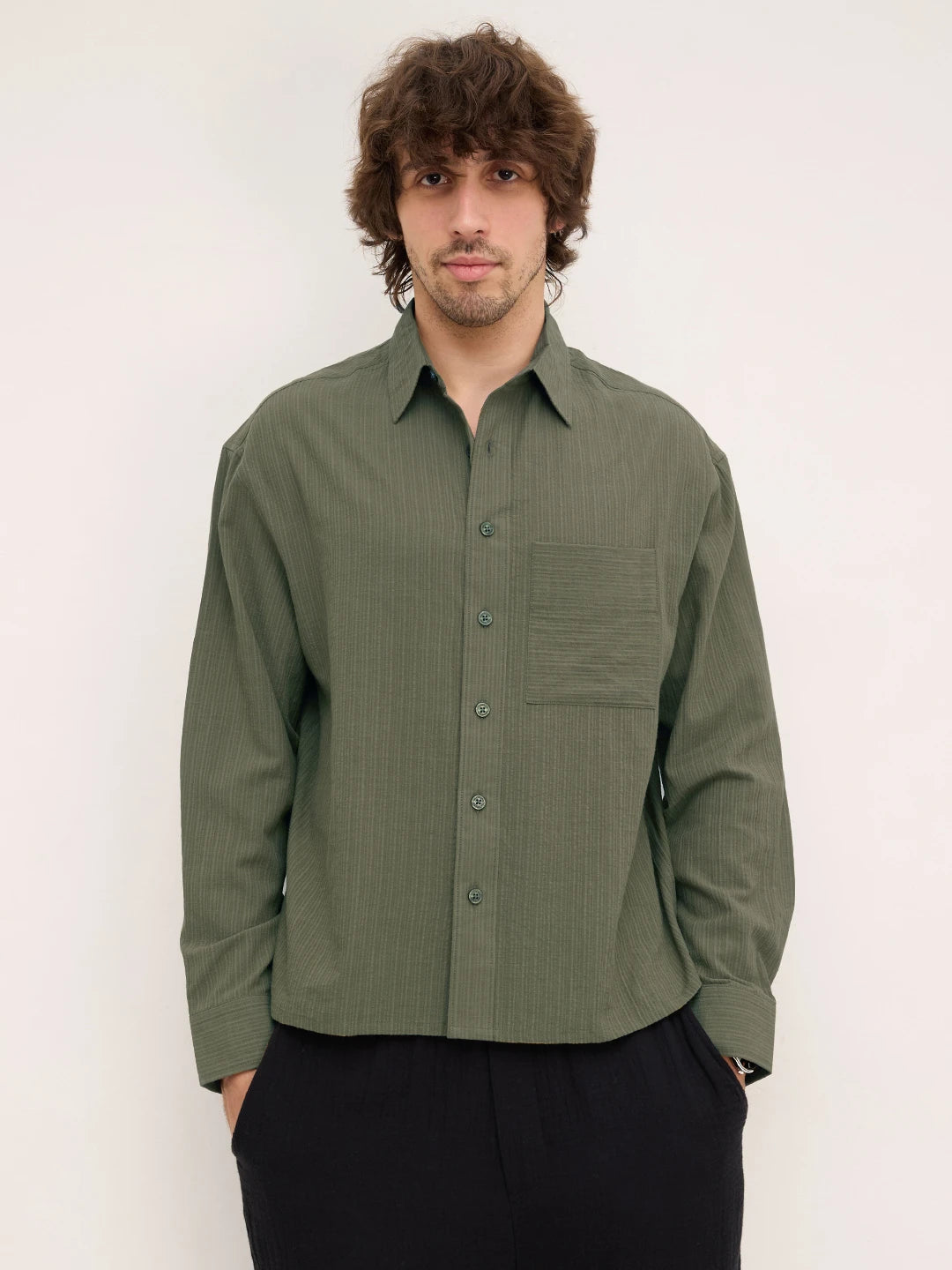 Olive Fine Striped Textured Boxy Fit Crop Shirt