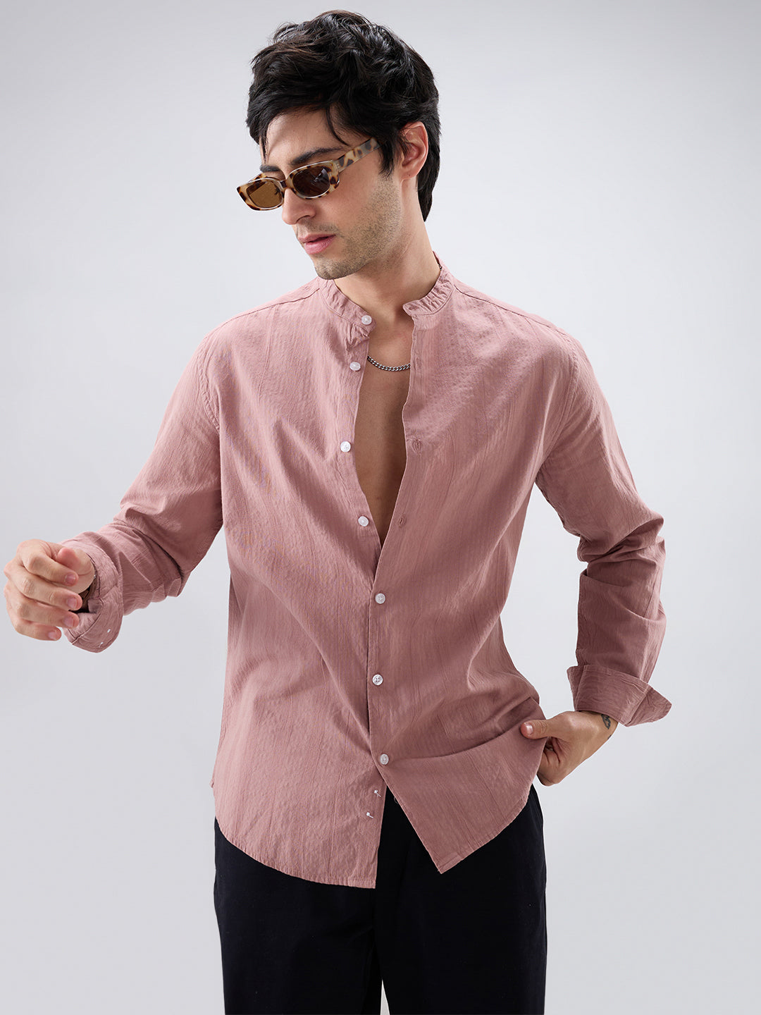 Deep Peach Seersucker Striped Mandarin Shirt
