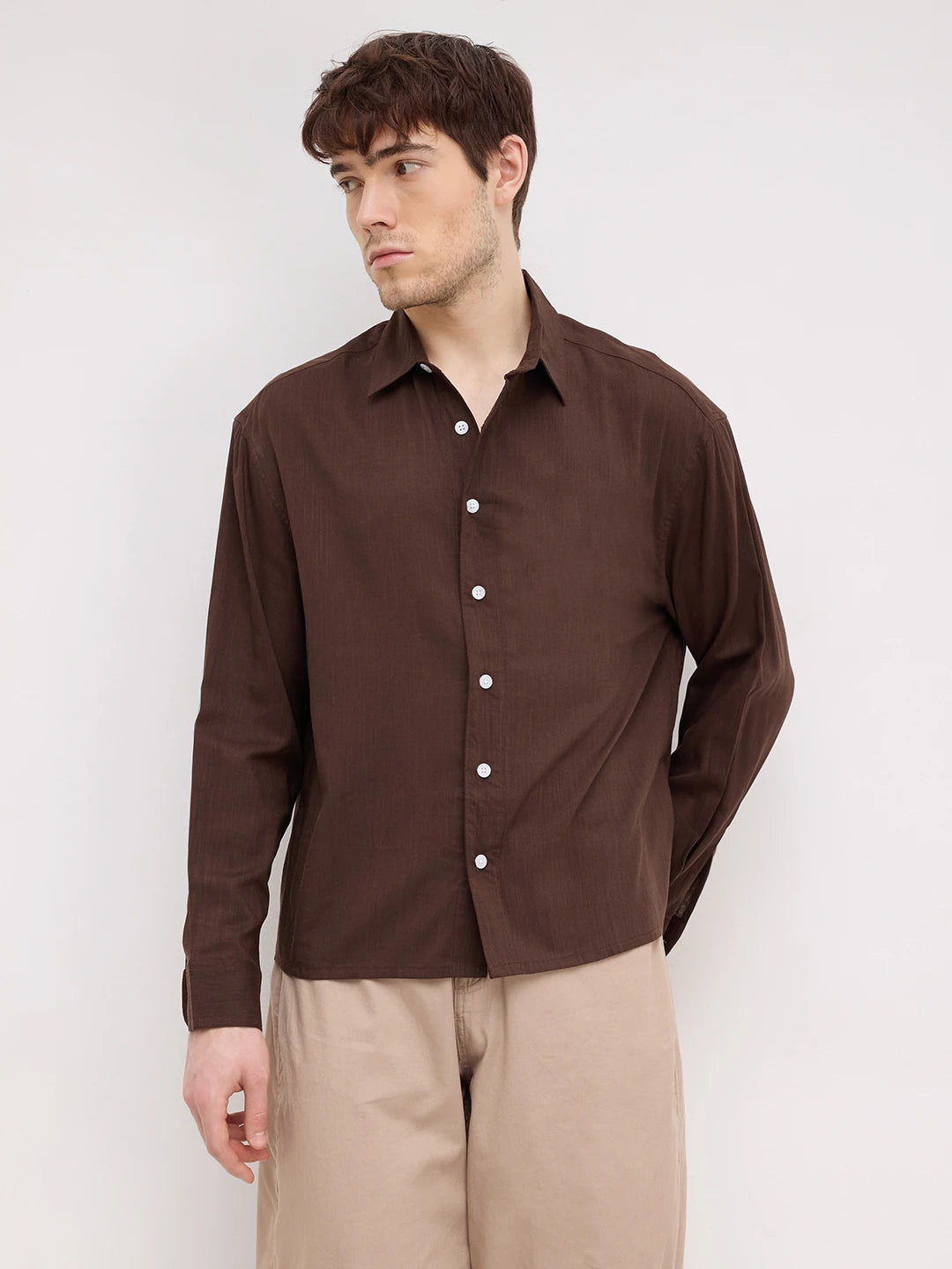 Refined Luxe Brown Boxy Fit Crop Shirt