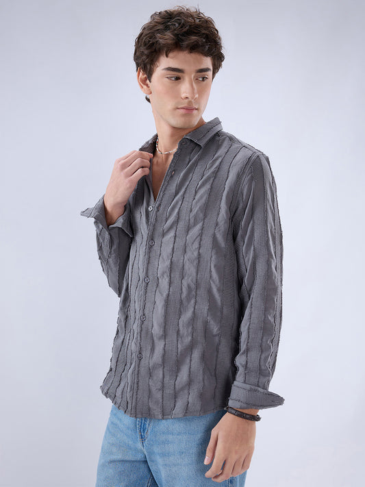 Grey Frayed Panelled Waffle Textured Shirt