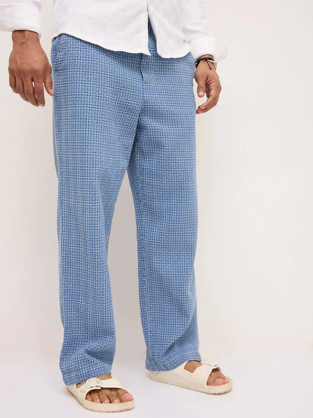 Denim Indigo Geometric Weave Straight Fit Trousers