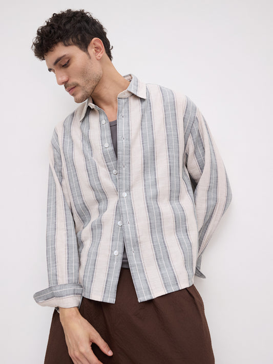 Sage Field Multitone Loomstriped Boxy Fit Crop Shirt
