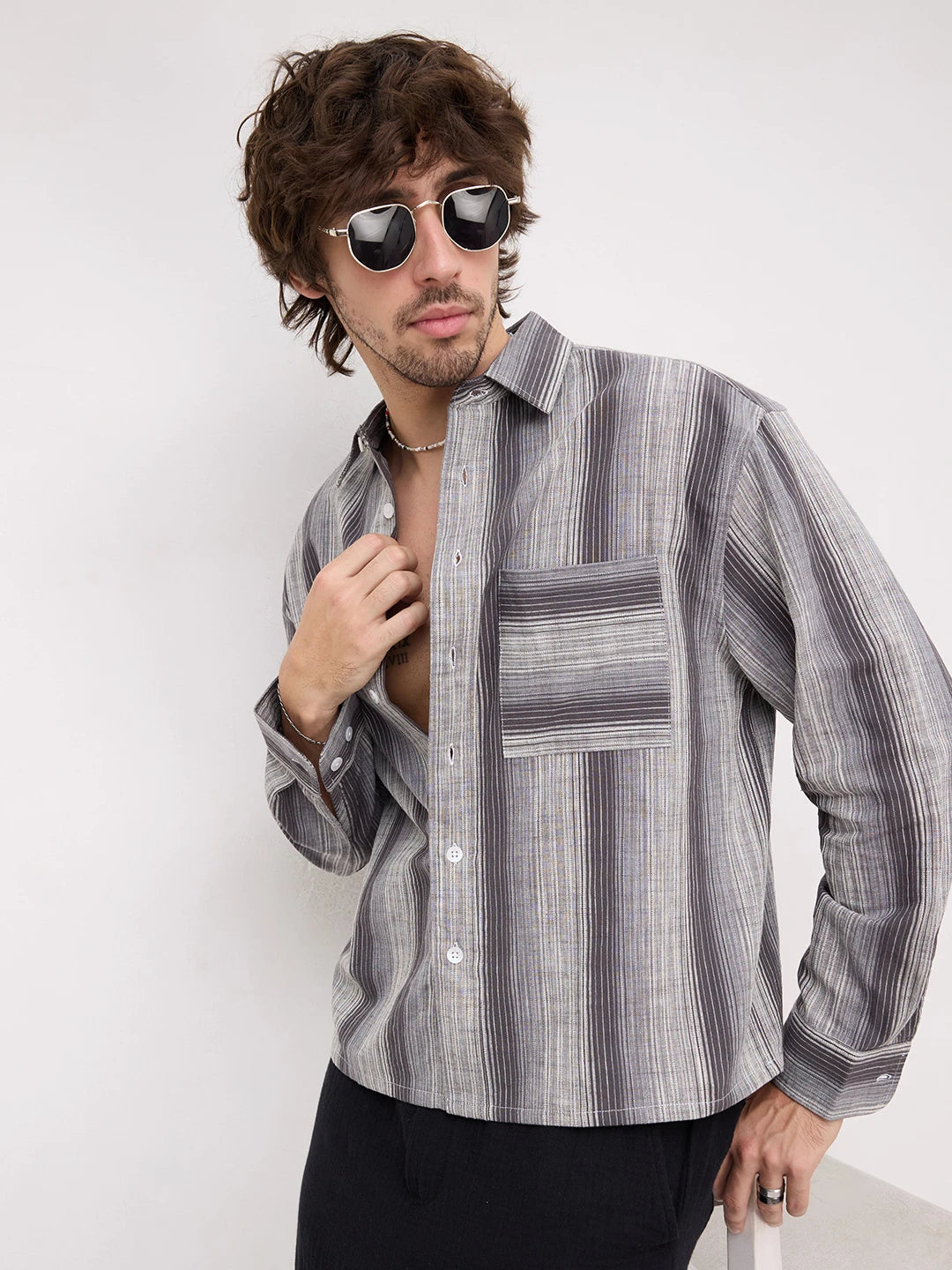 Grey Spectrum Microline Vertical Loom Boxy Fit Crop Shirt