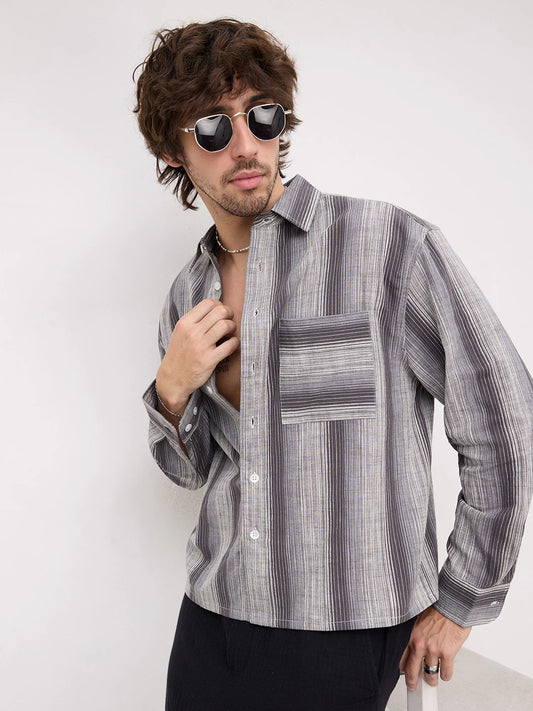 Grey Spectrum Microline Vertical Loom Boxy Fit Crop Shirt