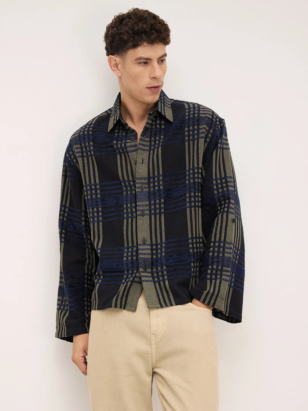 Olive & Navy Raised Plaid Checks Cuffless Oversized Crop Shirt