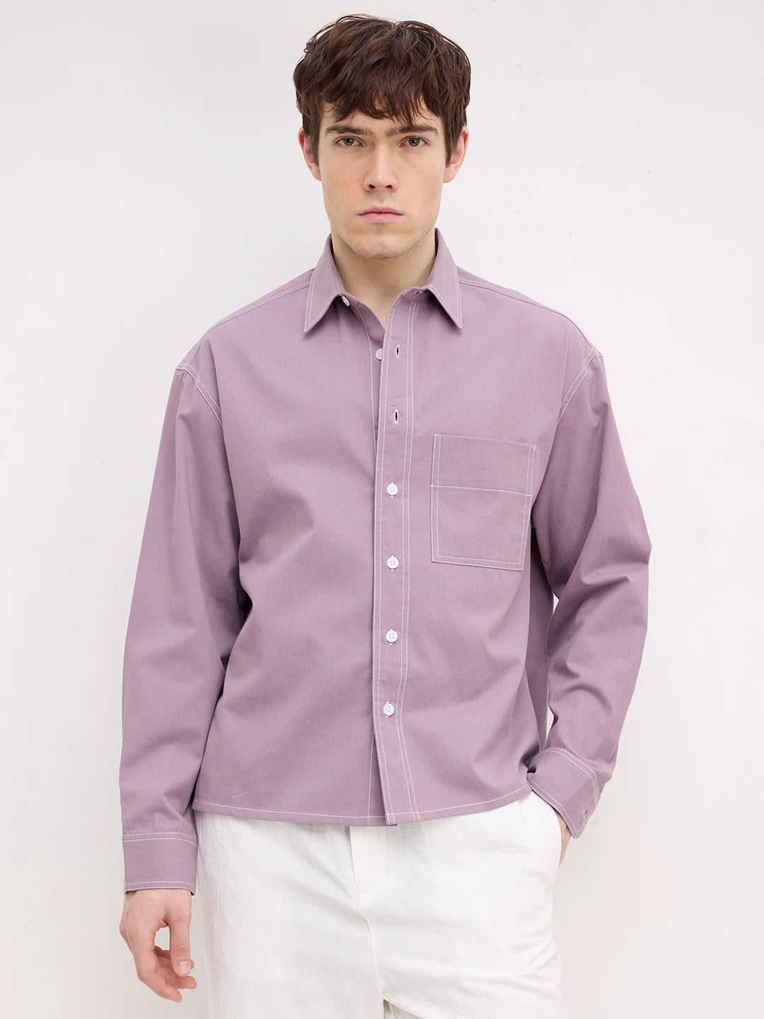 Rich French Lavender Contrast Stitch Boxy Fit Crop Cord Shirt