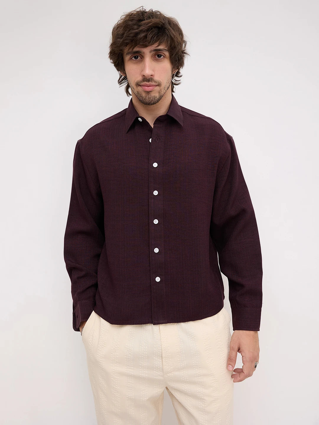 Opulent Wine Fine Textured Boxy Fit Crop Shirt