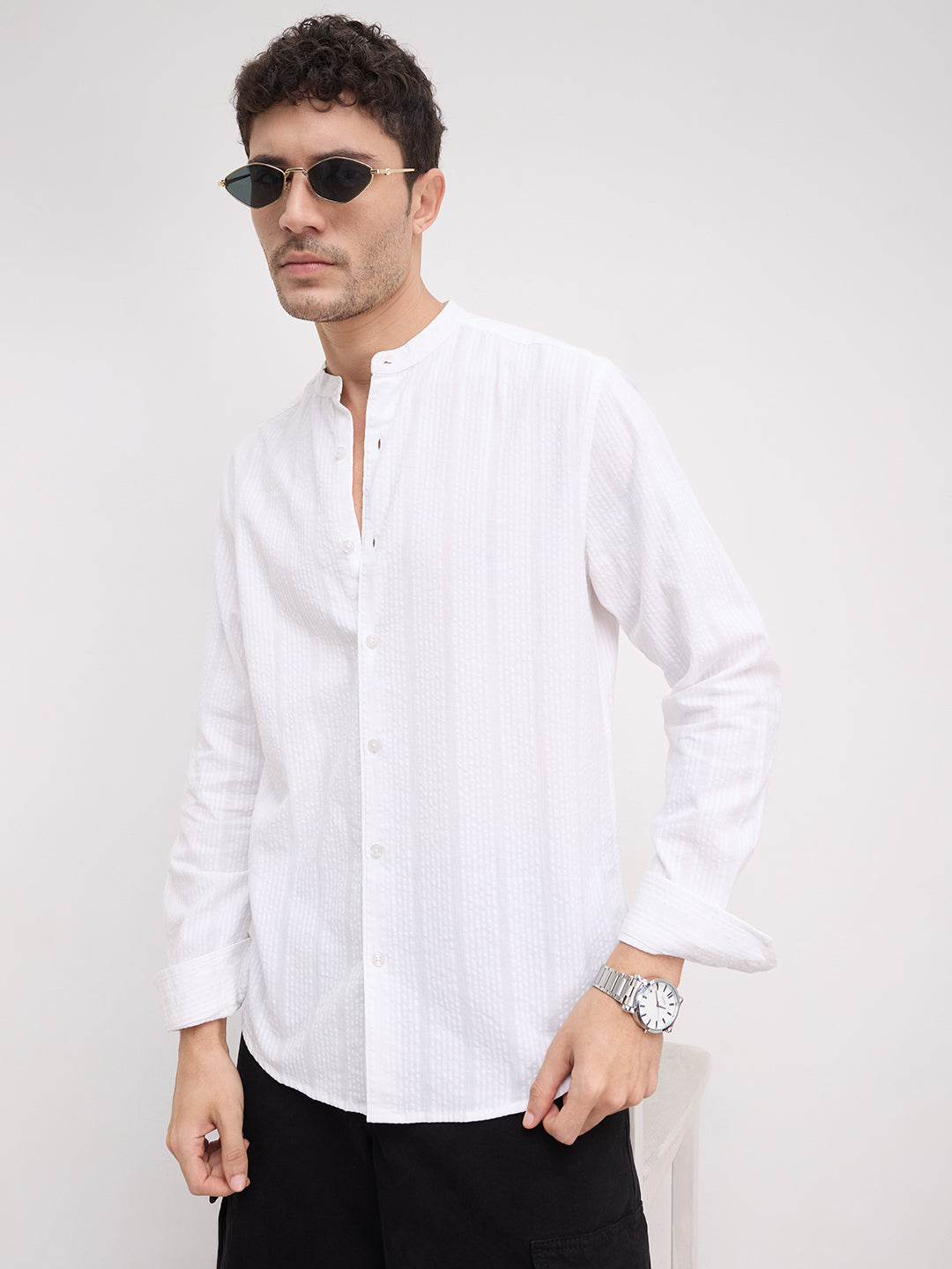 Timeless White Seersucker Mandarin Shirt