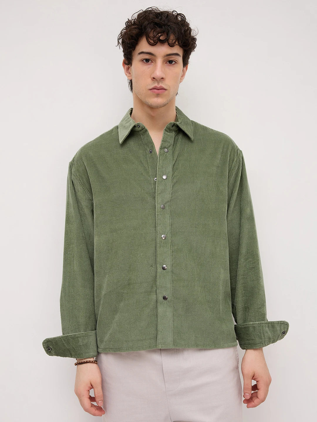 Green Mossline Structured Corduroy Boxy Fit Crop Shirt