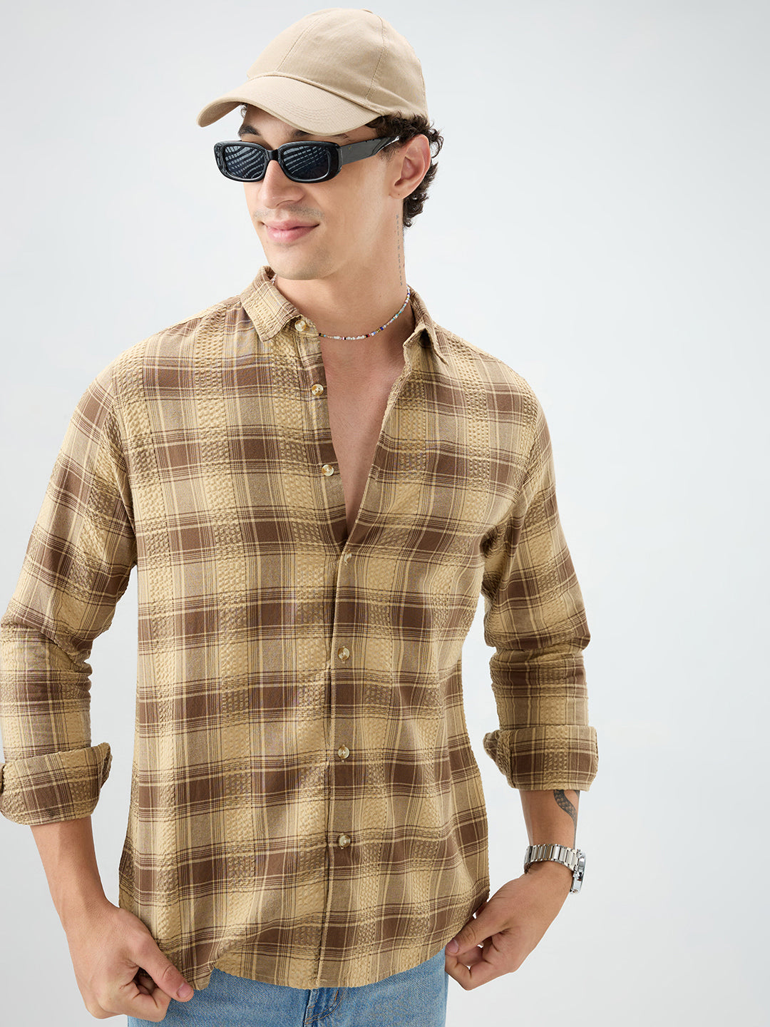 Brown Seersucker Checkered Shirt