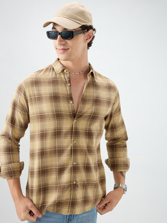 Brown Seersucker Checkered Shirt