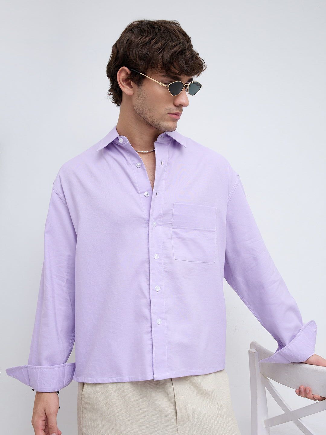 Pastel Lavender Linen Blend Boxy Fit Crop Shirt