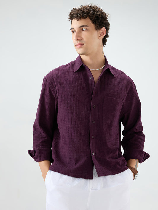 Wine Micro Box Textured Boxy Fit Crop Shirt