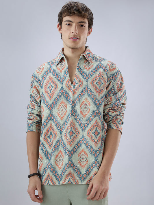 Jashn Aura Blue Sequin Embroidered Polo Neck Oversized Shirt