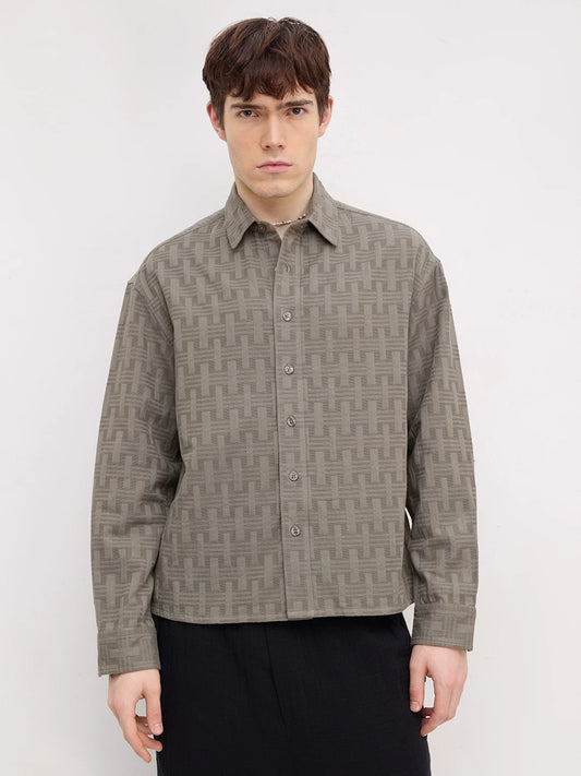 Contemporary Ash Grey Architectural Weave Textured Boxy Fit Crop Shirt
