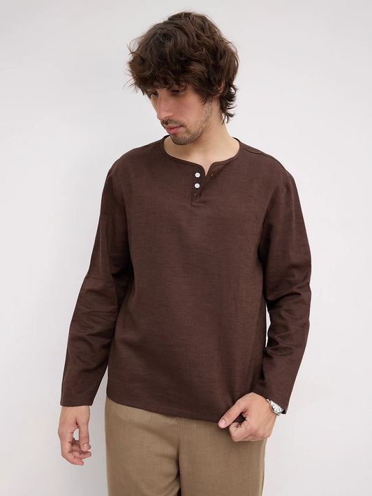 Espresso Brown Linen Blend Henley Neck Oversized Shirt