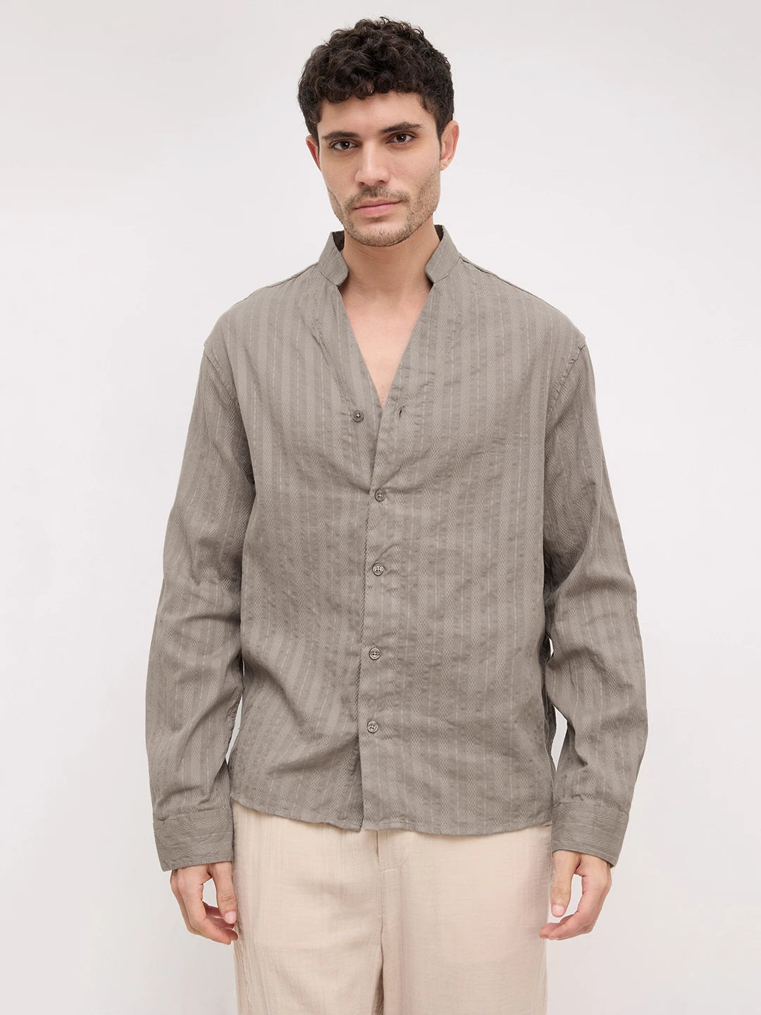 Detailed Olive Striped Stand Collar Oversized Shirt