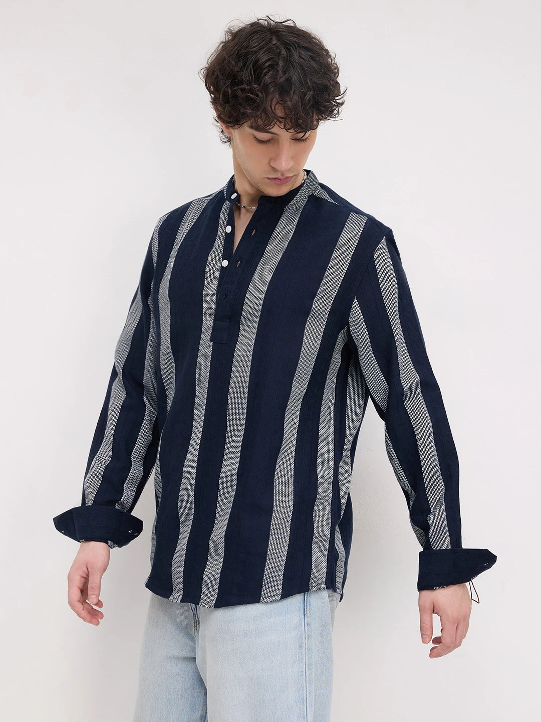 Twilight Navy Artisan Contrast Loom Striped Kurta