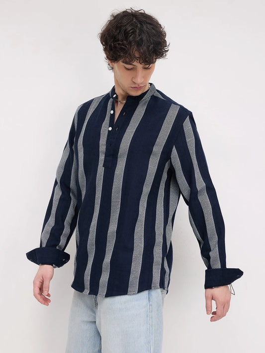 Twilight Navy Artisan Contrast Loom Striped Kurta