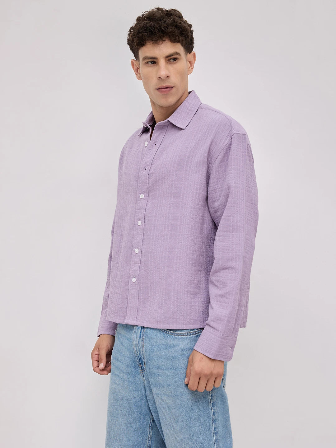 Soft Lavender Double Cloth Gauze Textured Boxy Fit Crop Shirt