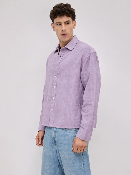 Soft Lavender Double Cloth Gauze Textured Boxy Fit Crop Shirt