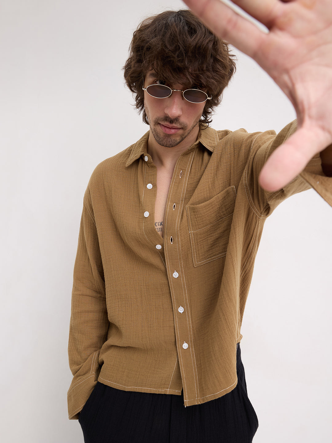 Wood Brown Double Cloth Contrast Stitch Boxy Fit Crop Shirt