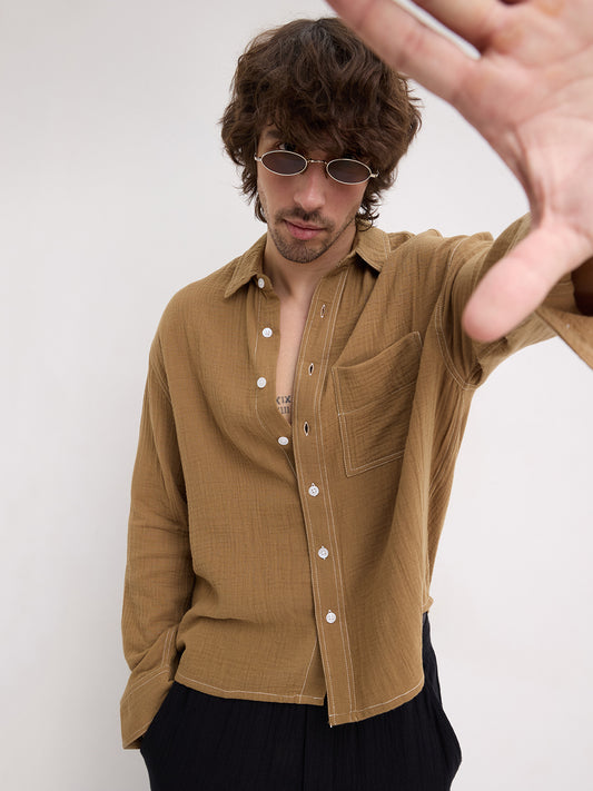 Wood Brown Double Cloth Contrast Stitch Boxy Fit Crop Shirt