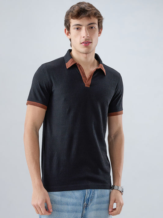 Matte Black Contrast Polo Neck Knit T-shirt