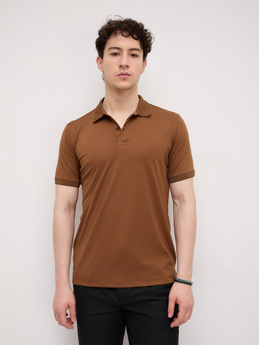 Solid Caramel Brown Honeycomb Polo Knit T-Shirt