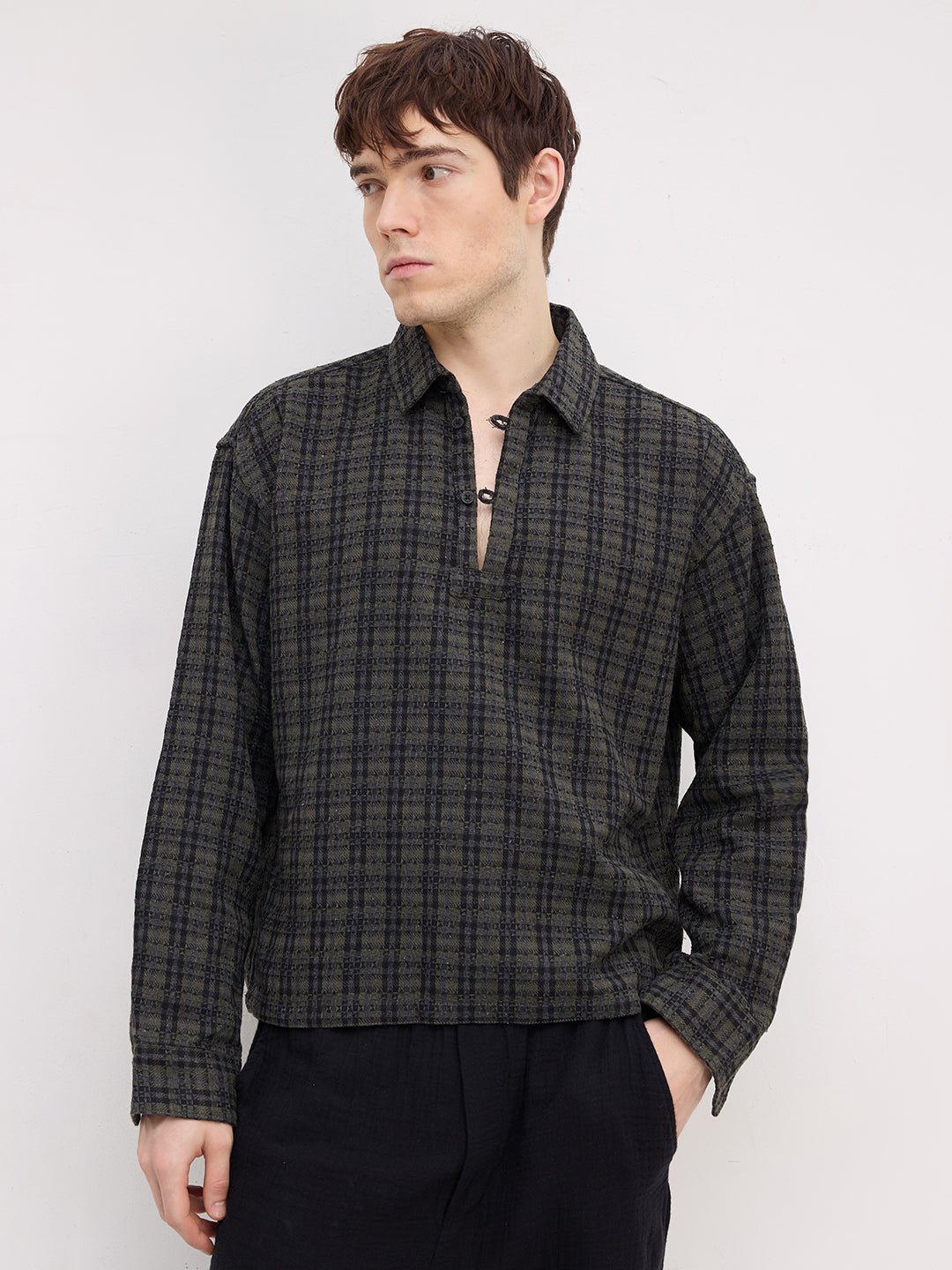 Refined Onyx Black Diamond Weave Loop Button Oversized Flannel Shirt