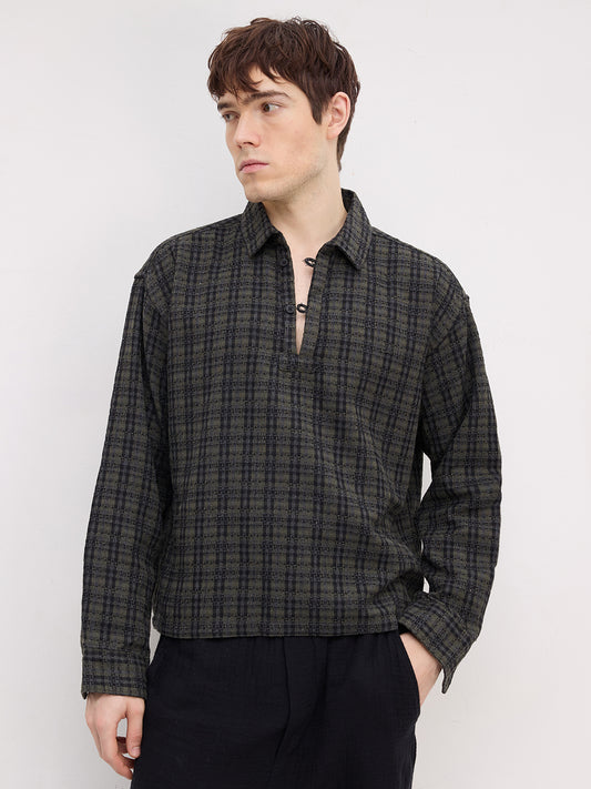 Refined Onyx Black Diamond Weave Loop Button Oversized Flannel Shirt