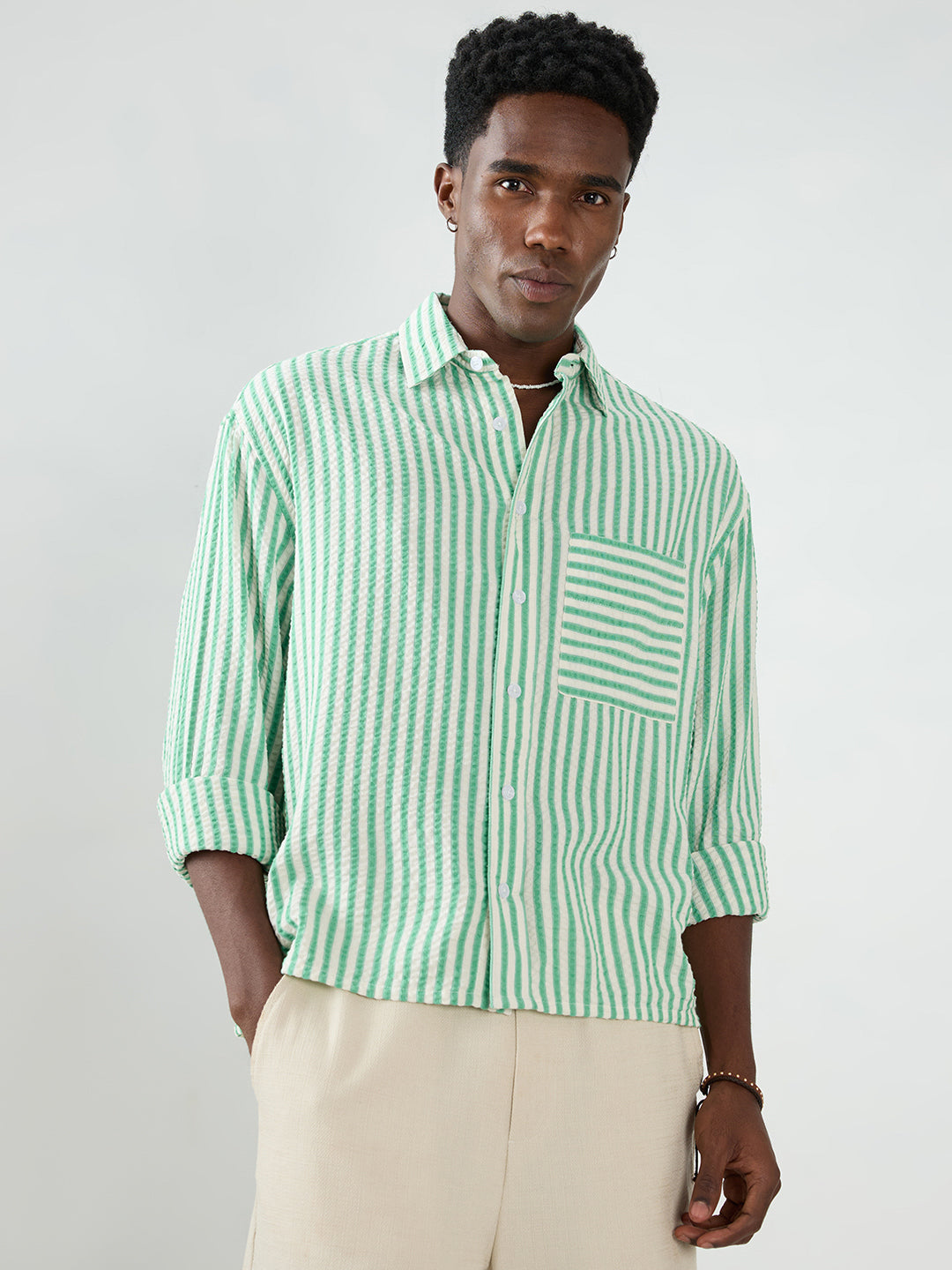 Spring Green Seersucker Candy Striped Boxy Fit Crop Shirt