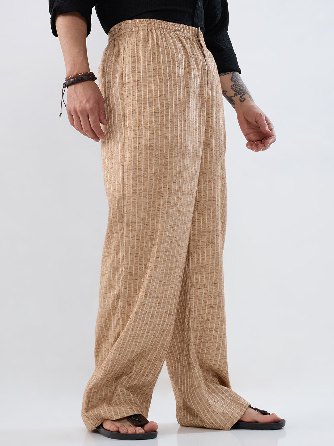 Beige Pinstripe Wide-Leg Trousers