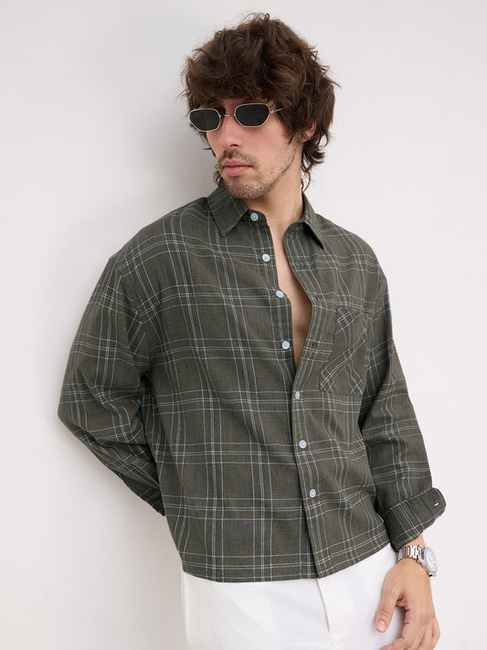 Earthy Olive Contrast Windowpane Checks Boxy Fit Crop Shirt