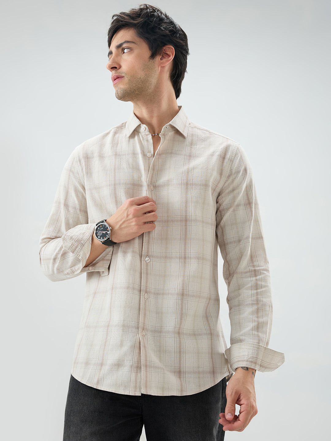 Timeless Sand Beige Plaid Checks Textured Shirt