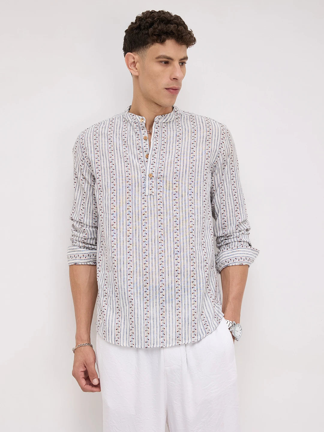 Coastal Mist Linen Blend Striped Kurta