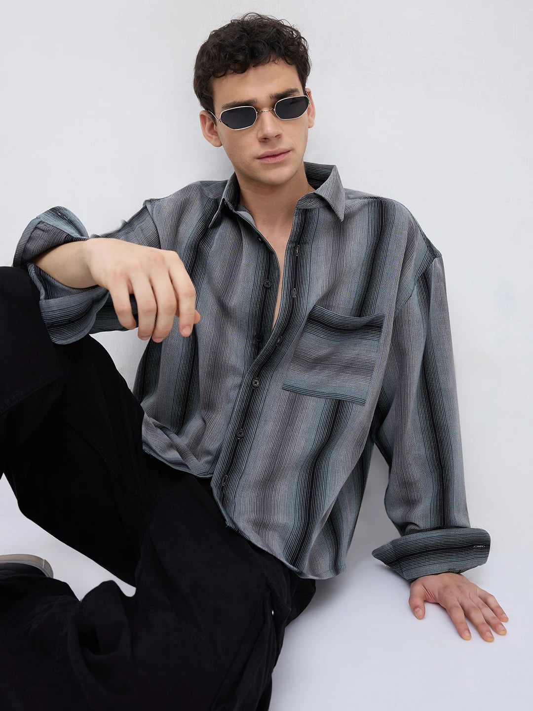 Distinctive Graphite Grey Contrastline Boxy Fit Crop Shirt