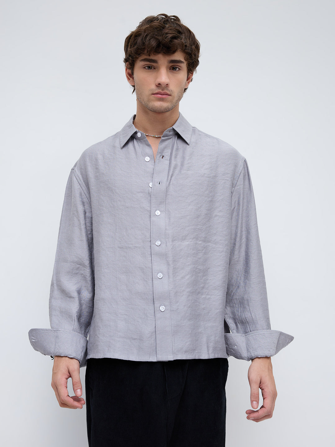 Ash Grey Crinkled Boxy Fit Crop Shirt