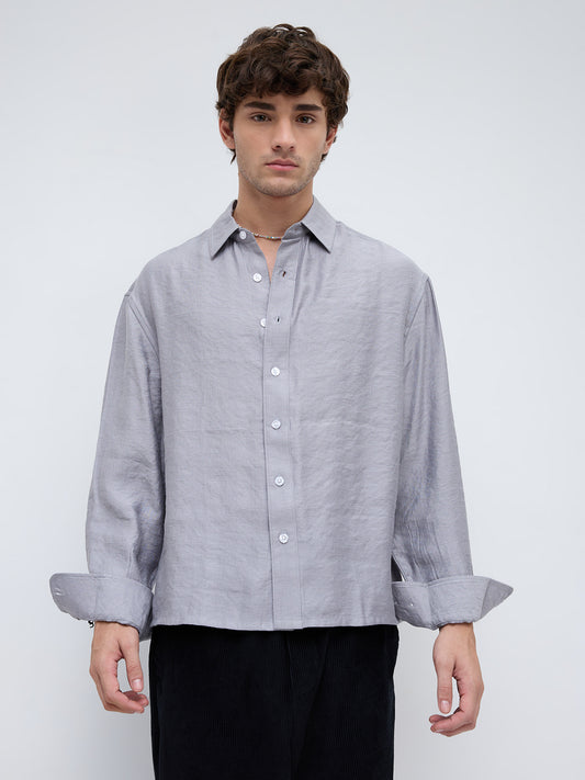 Ash Grey Crinkled Boxy Fit Crop Shirt