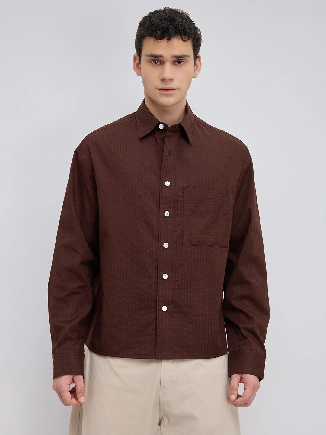 Espresso Brown Pinstriped Boxy Fit Crop Shirt
