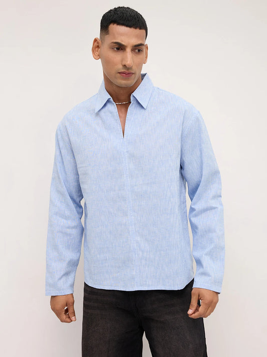 Soft Blue Textured Center Seam Oversized Polo Shirt