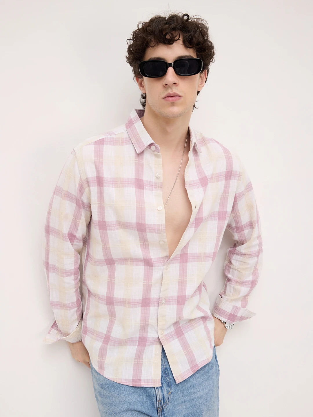 Soft Pink Fine Weave Plaid Checks Shirt
