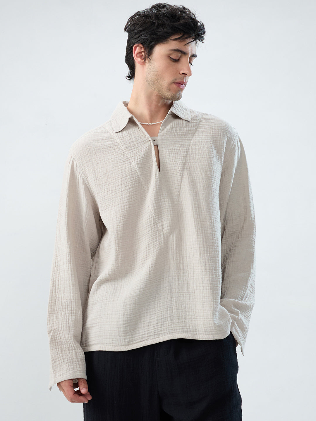 Cloud Grey Cuffless Double Cloth Oversized Shirt